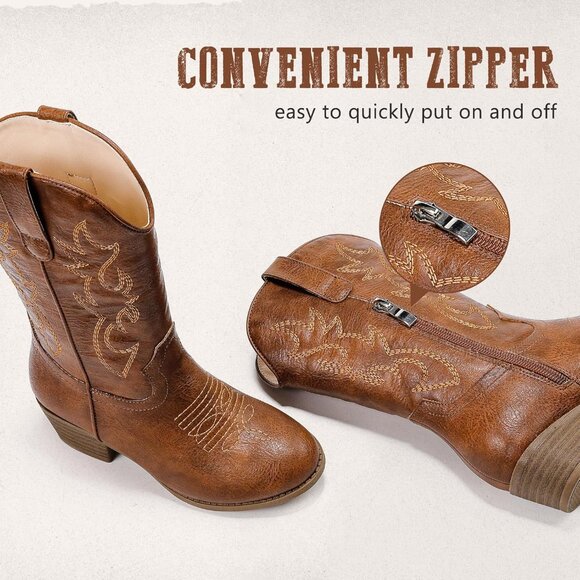 Kids Brown Cowboy Boots Pointed Toe Mid Calf Western Youth Horse Riding - Picture 5 of 7